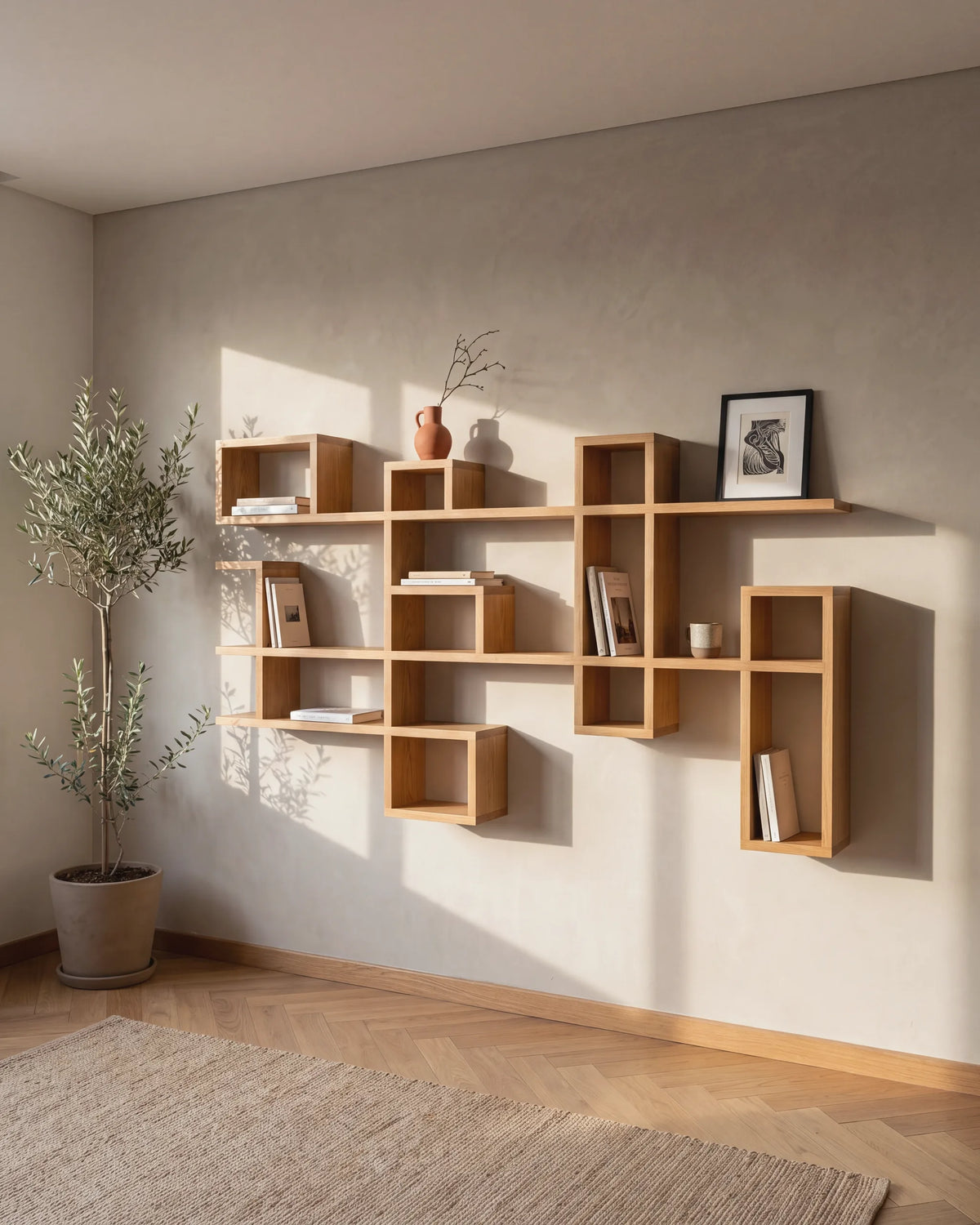 Repisa de roble con libros y plantas en el estudio de un apartamento en Belén, Medellín