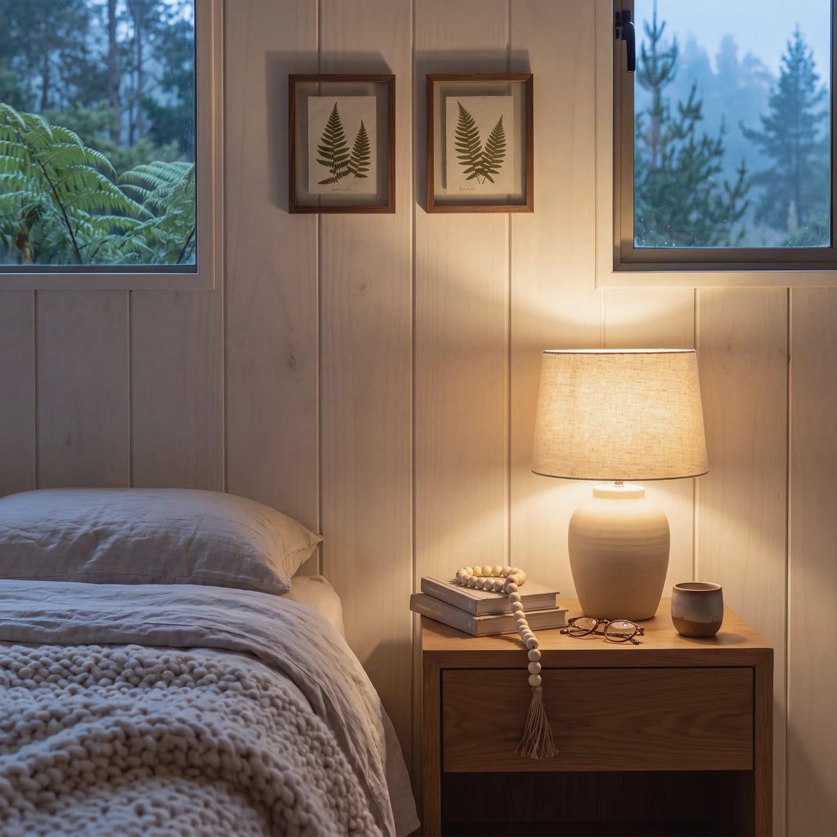 Guirnalda de cuentas de madera sobre una mesa de noche en una habitación de Santa Elena