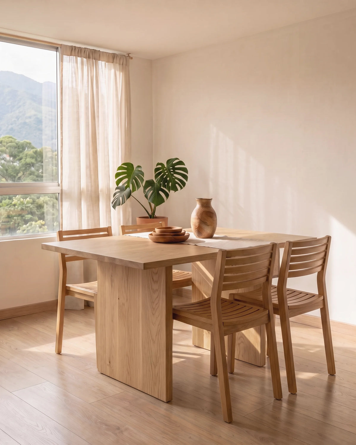 Mesa de comedor de roble macizo con cuatro sillas en un apartamento de Medellín