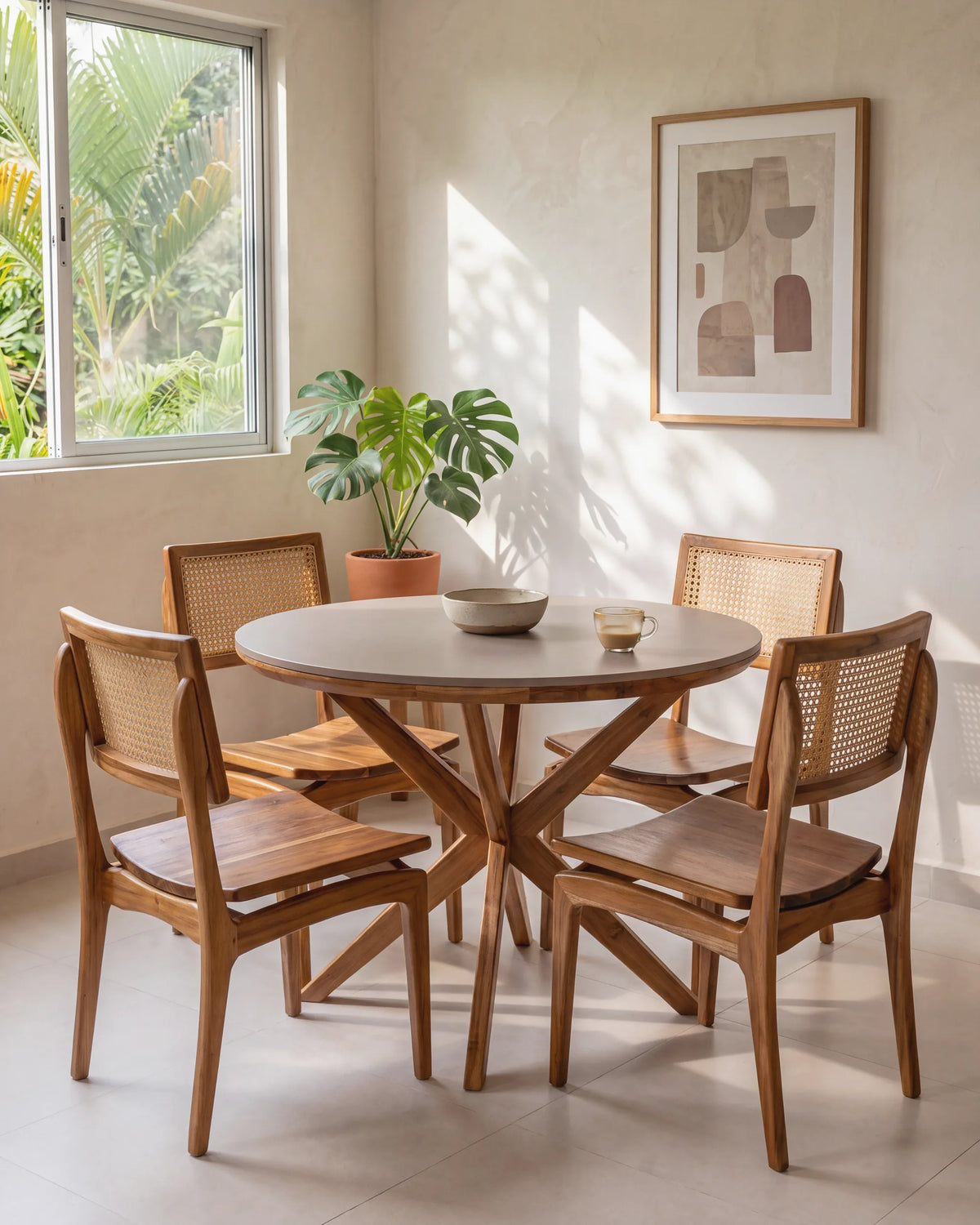 Mesa de comedor redonda de teca con cuatro sillas Menina en una casa de Envigado