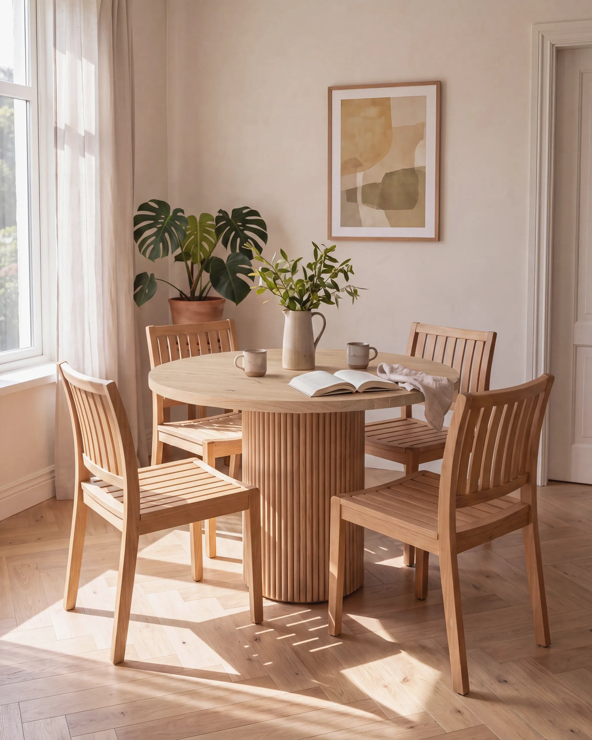 Mesa de comedor redonda de roble con cuatro sillas en un apartamento de El Poblado